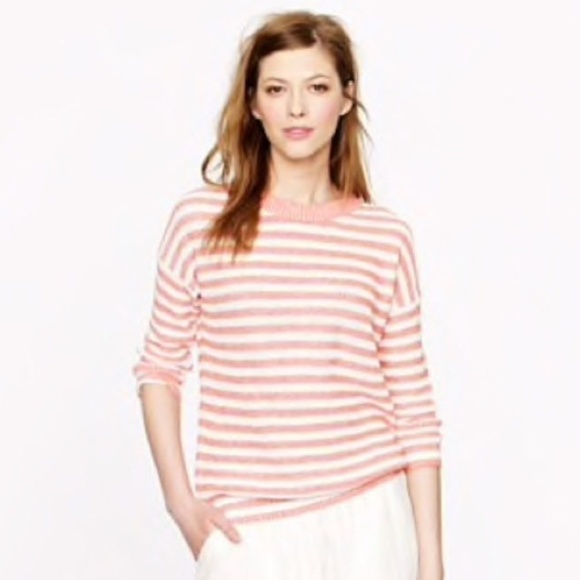 J. Crew Coral Pink/White Striped Crew Neck Dolman 3/4 Sleeve Sweater, Medium - Picture 1 of 8